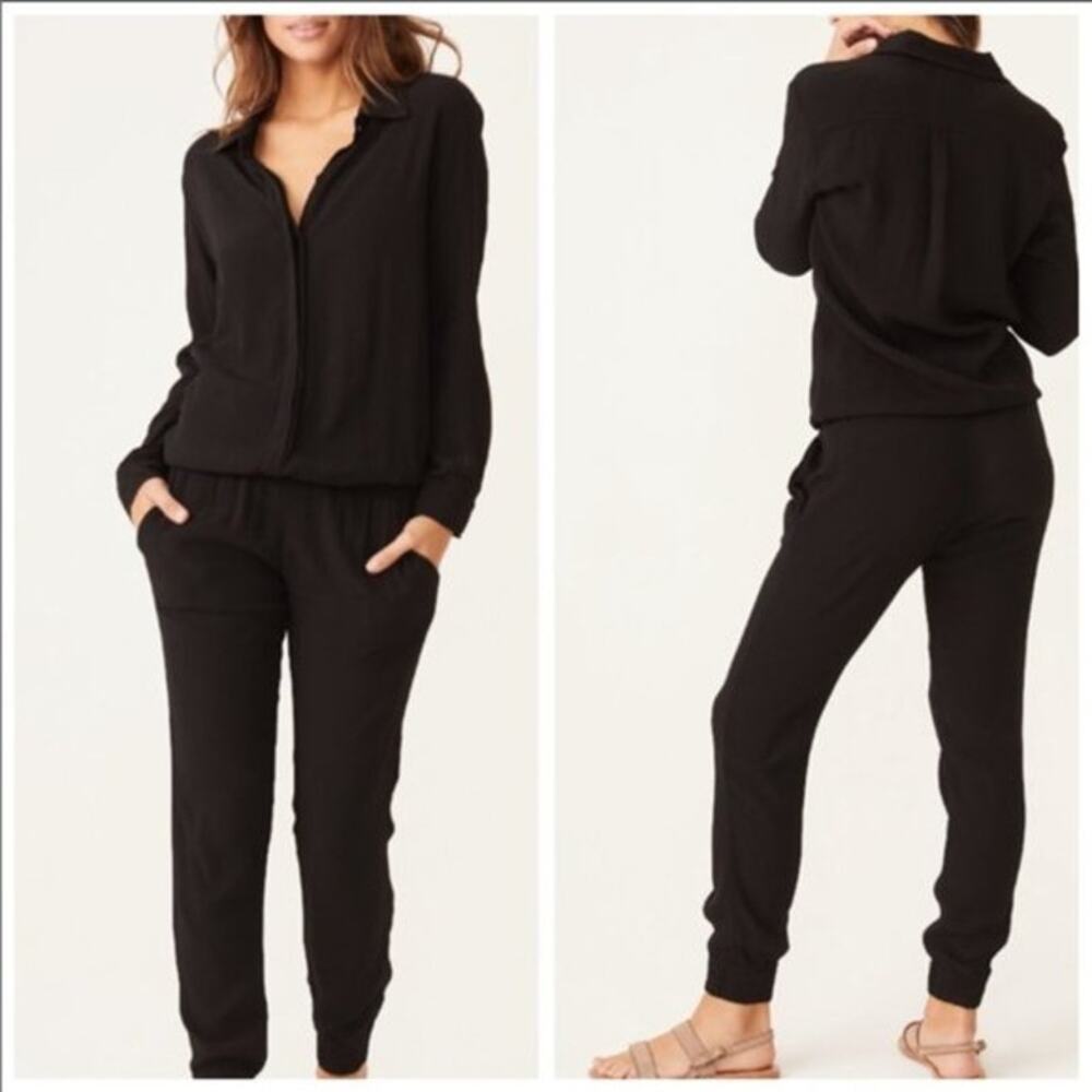 MONROW Black Hidden Button Up Jumpsuit Pantsuit Longsleeve Extra Small XS Jogger